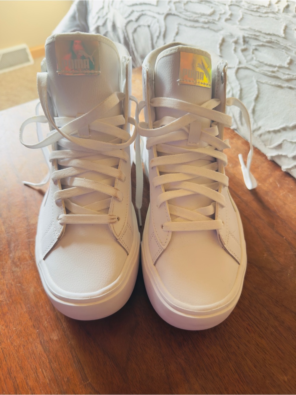 Puma White High-Top Sneakers with Iridescent Tongue Patch